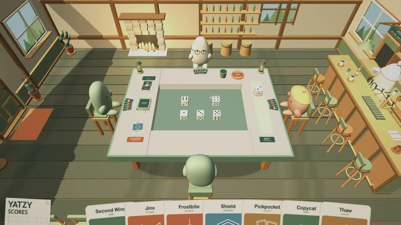 Four players around the square tavern table in EpicYatzy, dice in the centre well and seven power cards in each hand.
