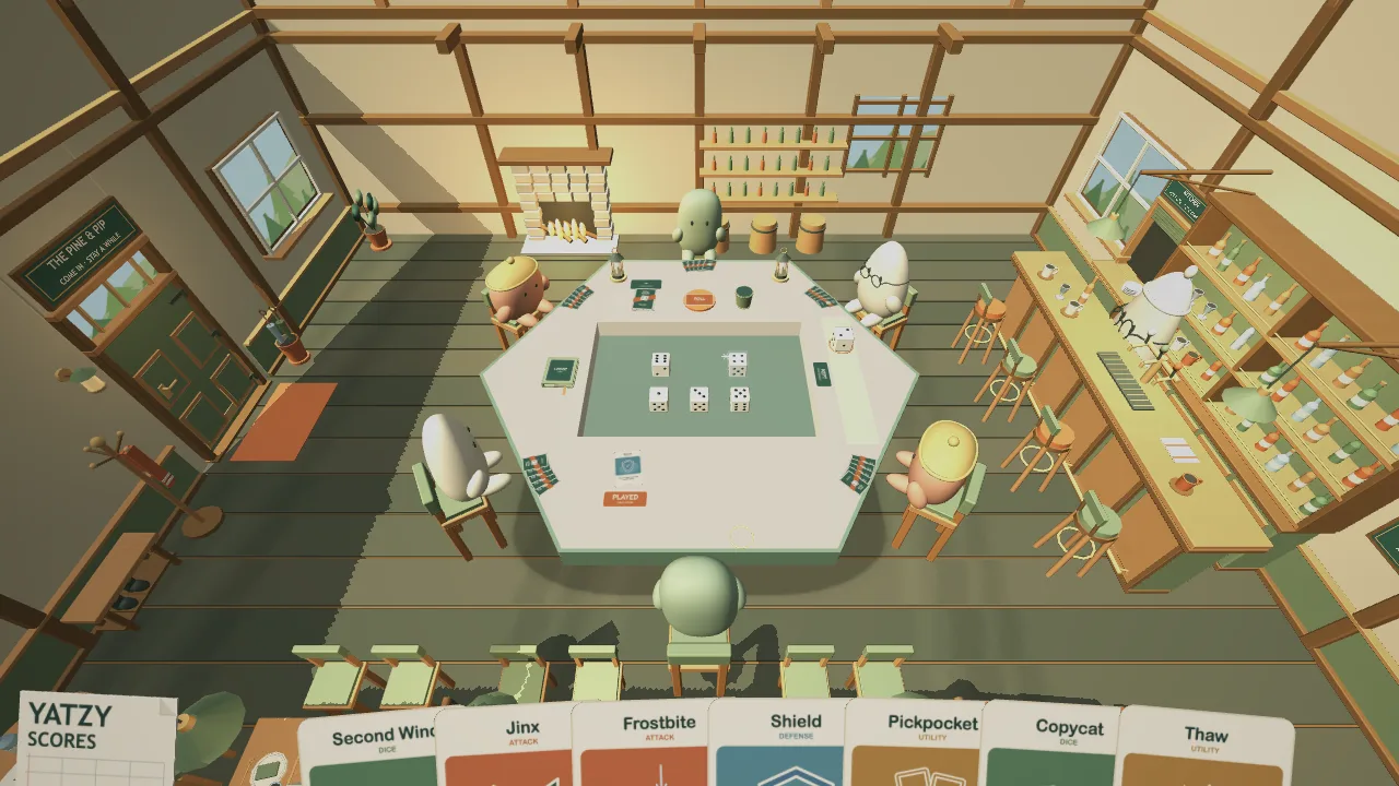 Six players around the hexagonal tavern table in EpicYatzy, dice in the centre well and seven power cards in each hand.