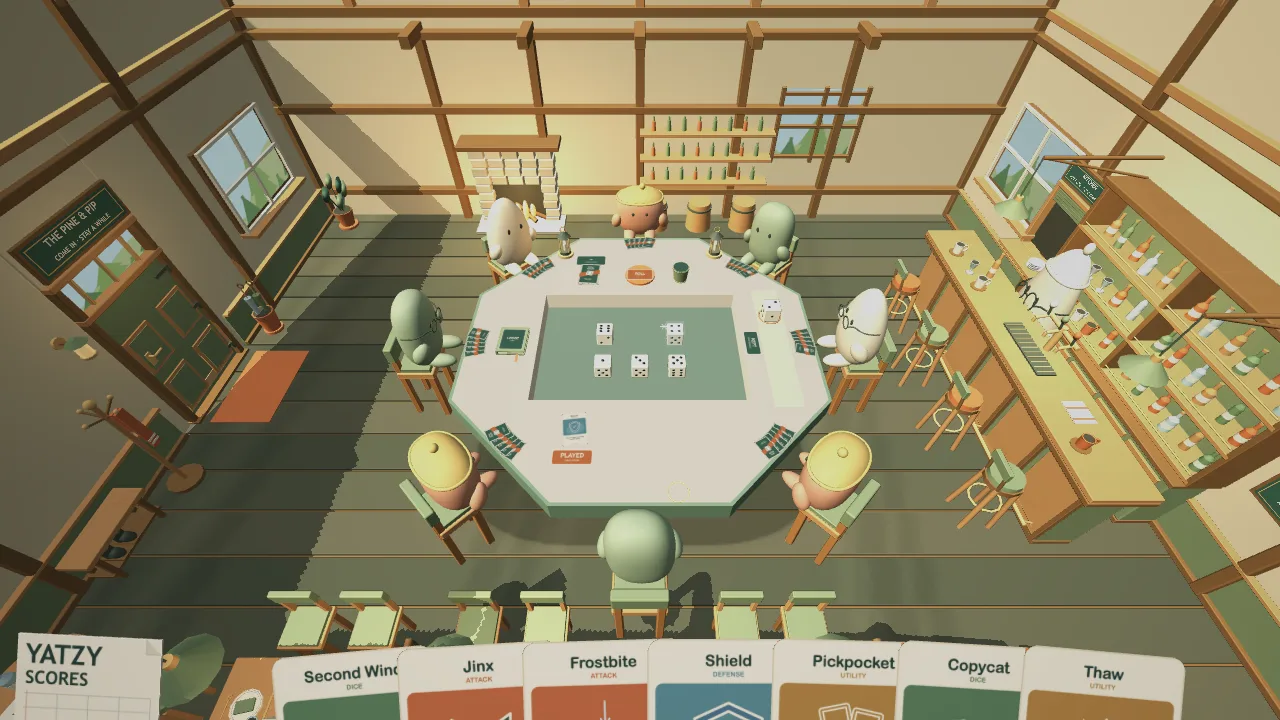 Eight players around the octagonal tavern table in EpicYatzy, dice in the centre well and seven power cards in each hand.