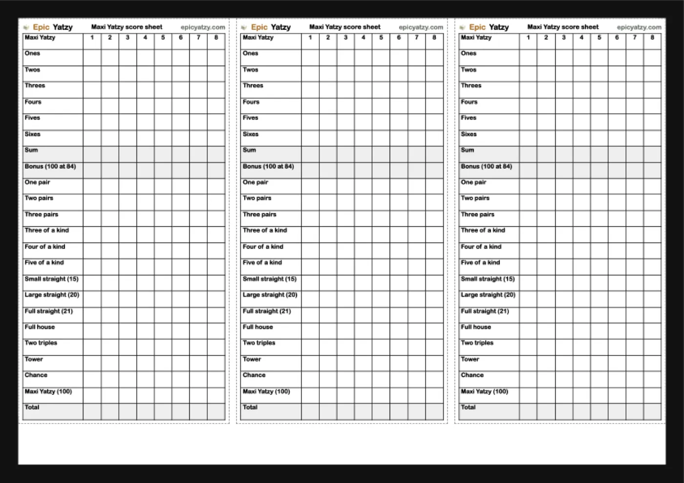 Printed page with three Maxi Yatzy score sheets for eight players