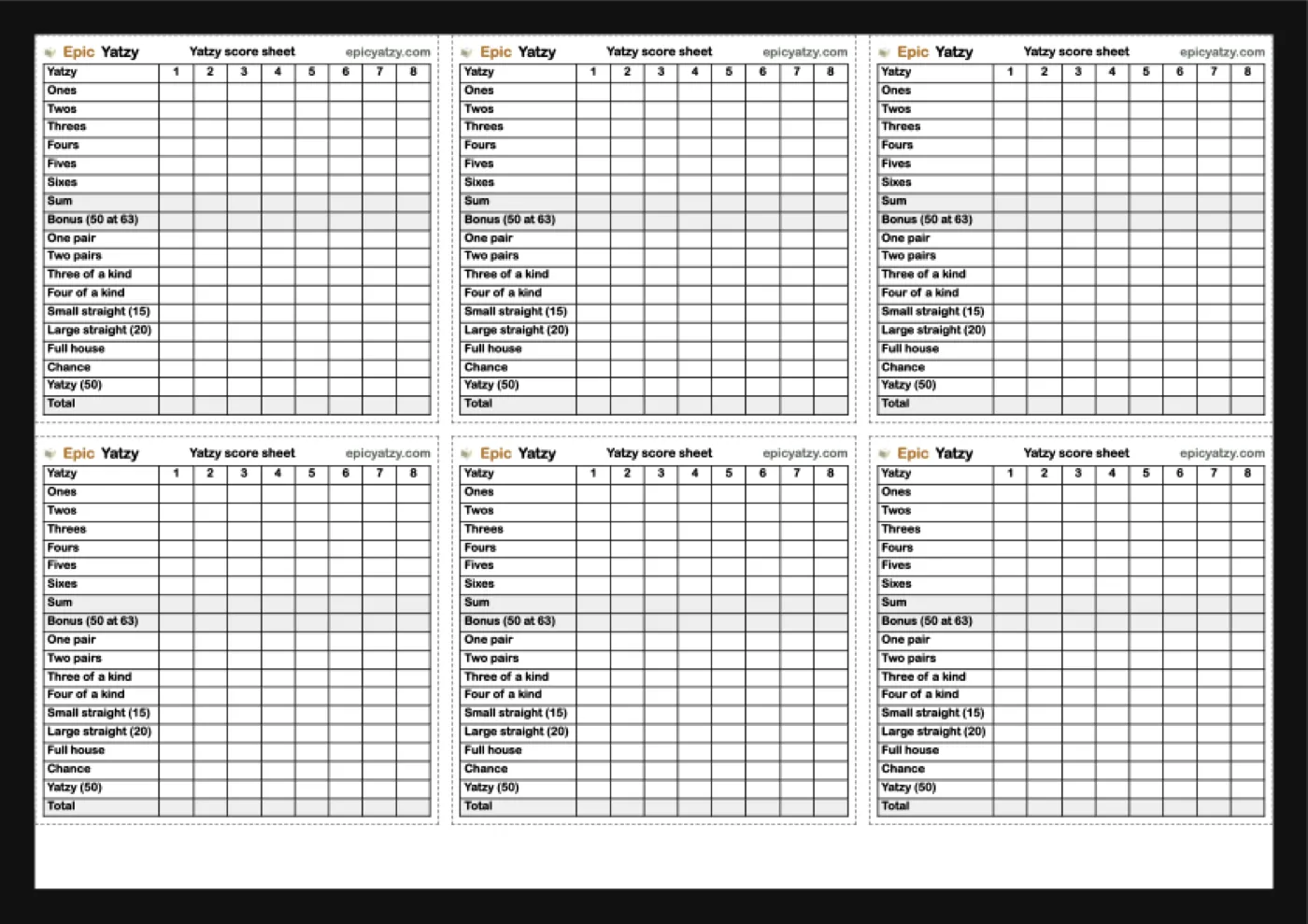 Printed page with six EpicYatzy Yatzy score sheets for eight players, ready to cut apart